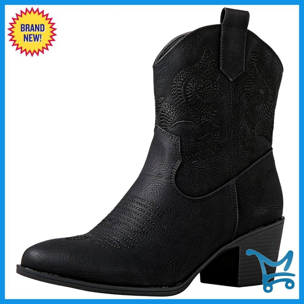 Mid-Calf Western Boots with 2-Inch Heel, Side Zipper, Vegan Leather